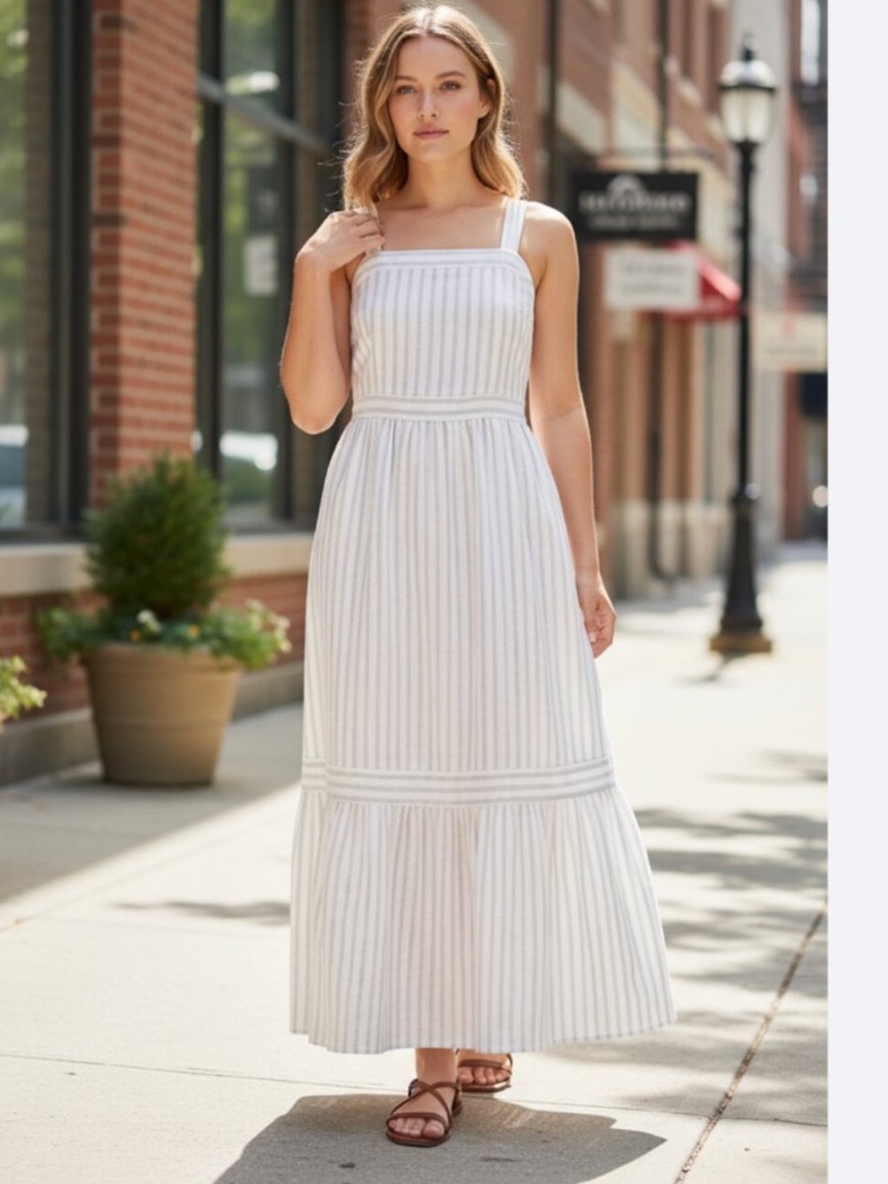 LOFT Linen Blend Striped Maxi Dress White Taupe Square Neck Tiered Size 8